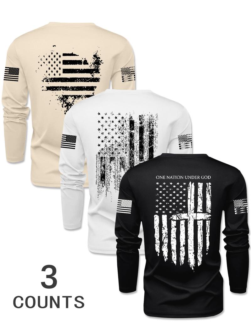 Men's Long Sleeve Round Neck T-Shirts, Casual Polyester Knit Tops with Flag Print, Fitted Style for Outdoor Leisure Daily Wear