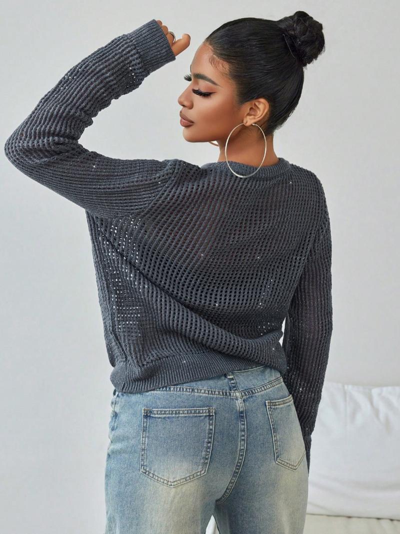 Women's Glitter Hollow Out Sheer Round Neck Sweater Pullover, Casual Long Sleeve Crew Neck Jumper for Fall & Winter, Fashion Ladies' Knitwear for Daily Wear
