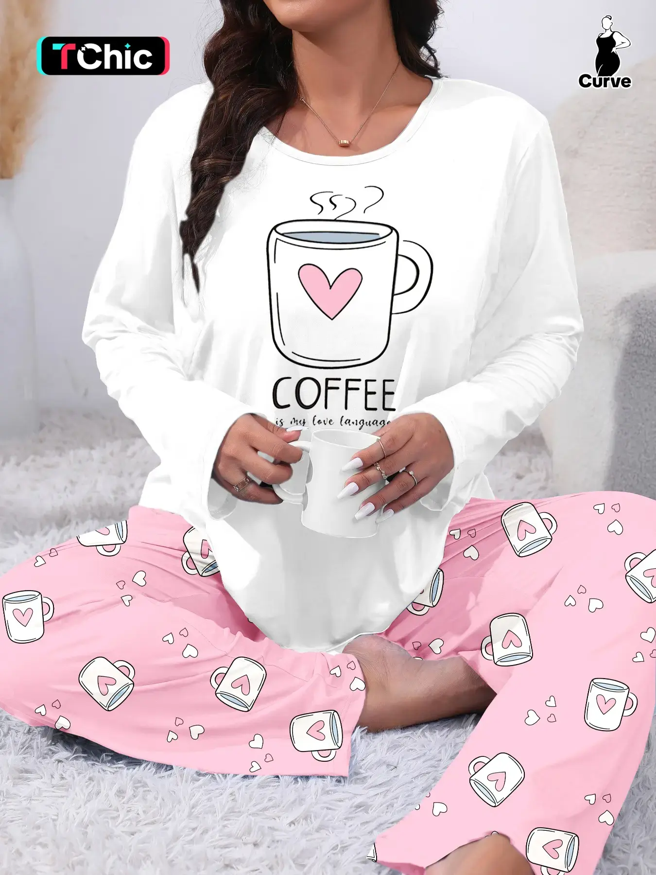 【Plus Size】 Two-piece Set Heart & Letter Print Tee & Pants Pajama, Casual Comfy Round Neck Long Sleeve T-shirt & Trousers Pajama Set, Women's Sleepwear & Loungewear for All Seasons, Casual Loungewear Outfits, Fitted Loungewear, All Seasons Pajamas