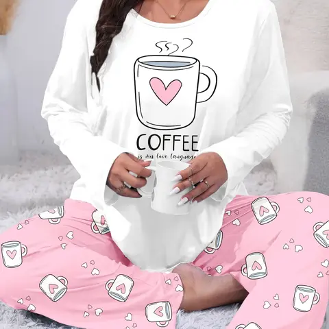 [Plus Size] Two-piece Set Heart & Letter Print Tee & Pants Pajama, Casual Comfy Round Neck Long Sleeve T-shirt & Trousers Pajama Set, Women's Matching Pajamas Sleepwear for All Seasons