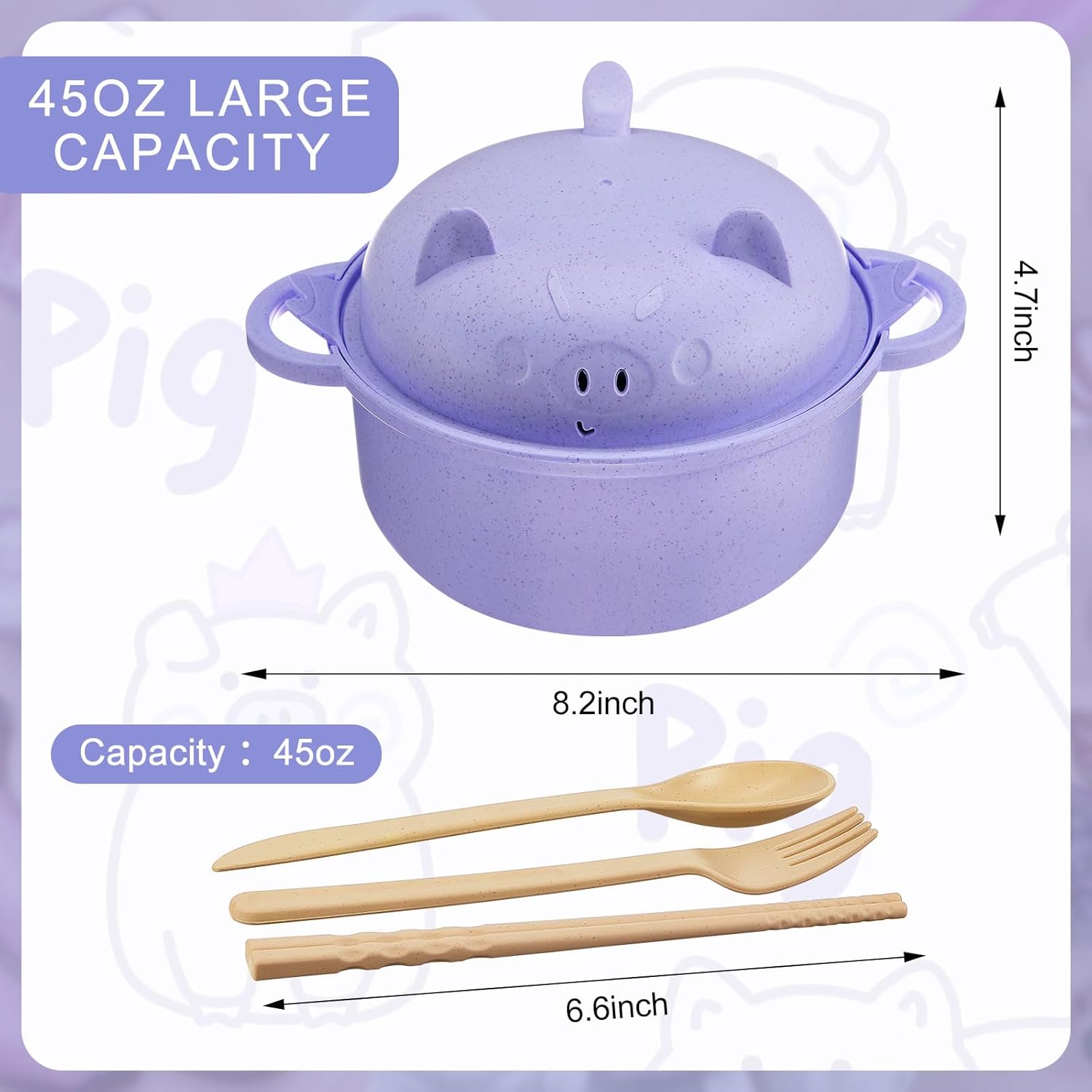 Nifogo Stylish Wheat Straw Cartoon Pig Ramen Noodle Bowl Set - 43oz(1300ml) Microwave-Safe Ramen Cooker with Strainer Lid, Handle, Spoon, Fork, Chopsticks, Stackable Bowls - Camp Kitchen Ware for Home,Camping Use