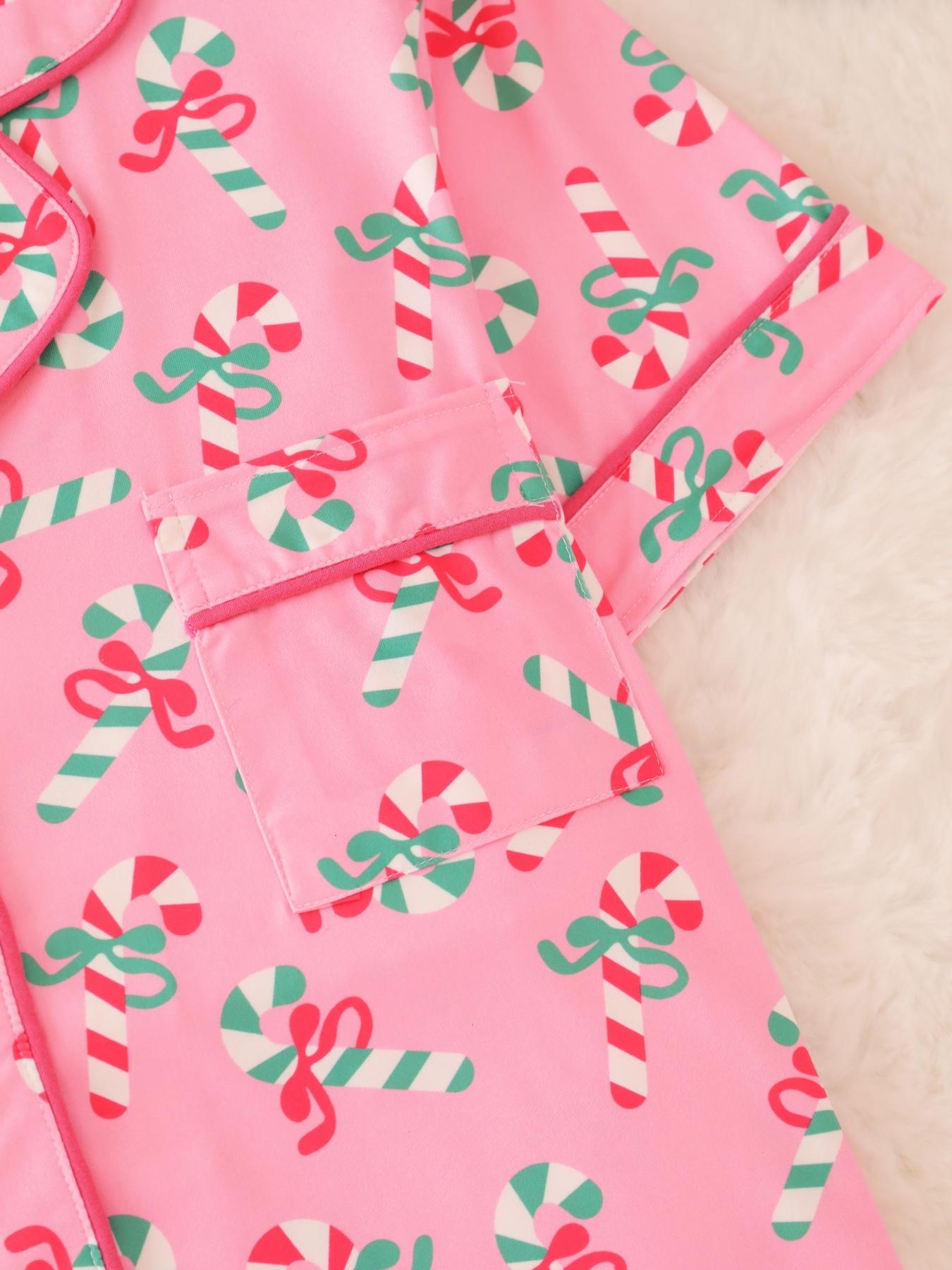 2 pieces of ladies' Christmas cane candy printed short sleeved shorts sleepwear set with buttons, collars, bows, suitable for comfortable and casual home wear in all seasons Pajama Set