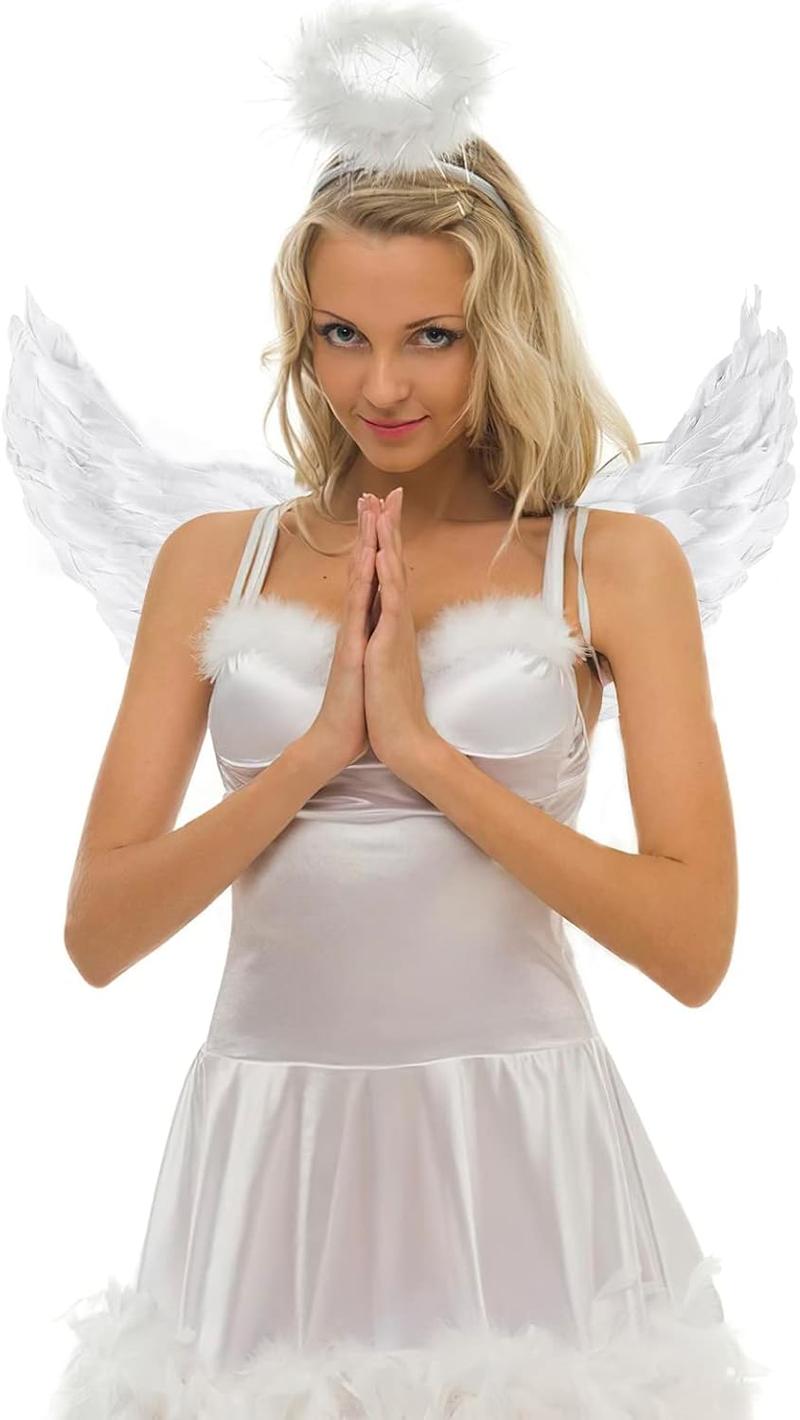 Angel Wings and Halo Set - Feathered Angel Halo Headband, Angel Wings and Wand - Halloween Costumes