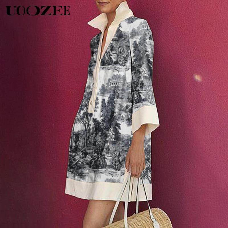UOOZEE Women's Multicolor Geometric & Printed Lapel Three-Quarter Sleeve Buttoned Collared Mini Dress Casual Summer Shirt Style Stylish Design, No Stretch Daily Multi-Occasion Wear Shirt Mini Dress