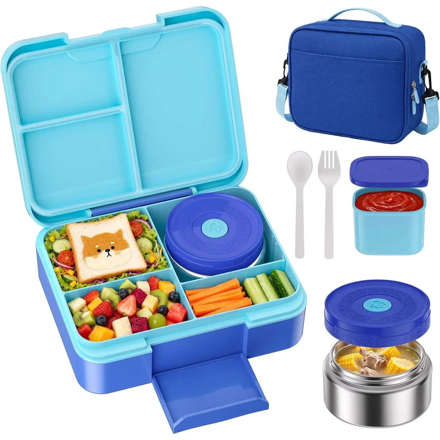 Kids Bento Lunch Box with 8.5oz Insulated Food Thermo - Leakproof Lunch Bag for Ages 3-14, BPA-Free Reusable Snack Containers for School Daycare Meal Prep, BlueGift
