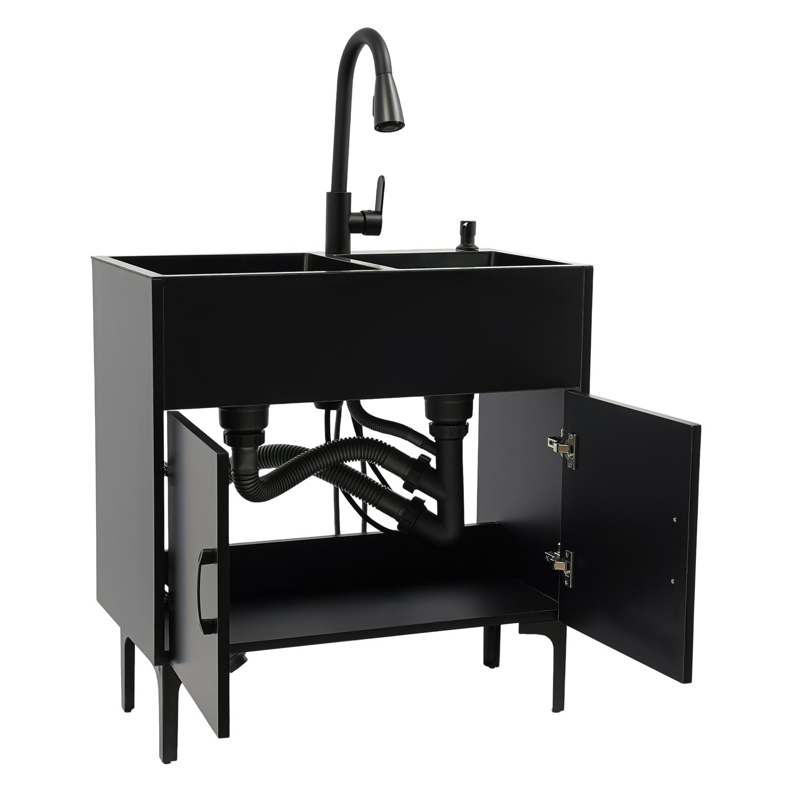 Laundry Utility Sink with Cabinet & Pull-Down Faucet Freestanding Stainless Steel Utility Sinks with 2 Doors Deluxe Bouble Kitchen Sink Wash Station Tub for Laundry & Kitchen, Bathroom(Black) Laundry Utility Sink with Cabinet & Pull-Down Faucet Freestanding Stainless Steel Utility Sinks with 2 Doors Deluxe Bouble Kitchen Sink Wash Station Tub for Laundry & Kitchen, Bathroom(Black)