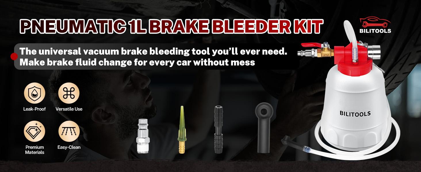 1L Brake Bleeder Vacuum Pump Kit Air Compressor, Universal One Person Pneumatic Brake System Clutch Fluid Bleeding Extractor Tool with Adapters