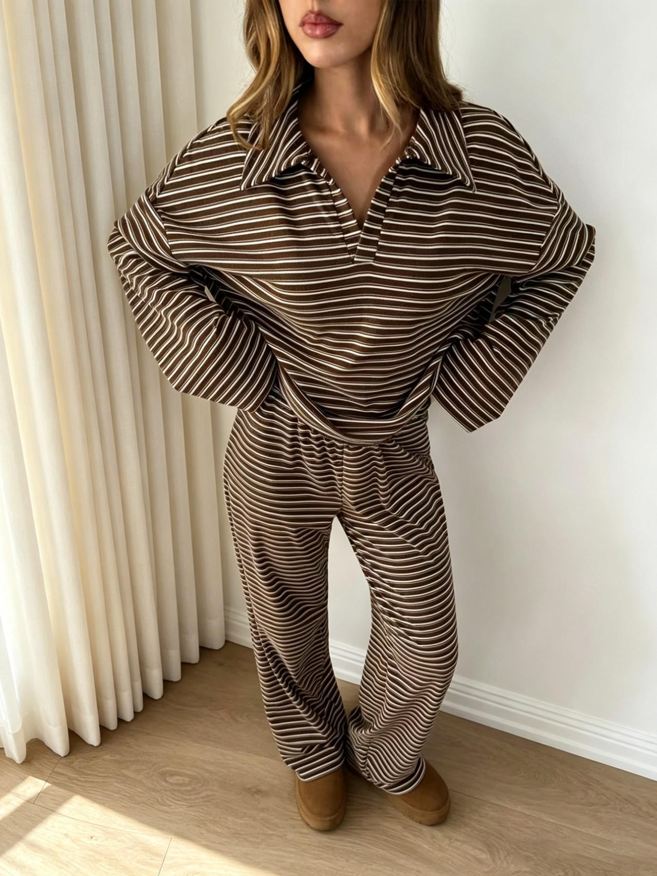 Korean Lazy Style Striped Two-Piece Set for Women, Turn-Down Collar V Neck Loose Bell Sleeve Top + High-Waisted Wide Leg Pants, Casual Home Wear Loungewear Set