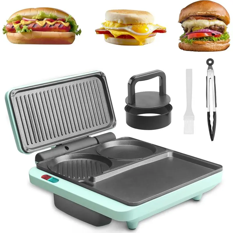 Breakfast Sandwich Maker, Nonstick Electric Griddle & Grill Combo, 3 in 1 Breakfast Station, Make Egg Muffin Sandwiches Burgers Hot dogs & Pancakes, Includes Burger Press, Tong & Brush