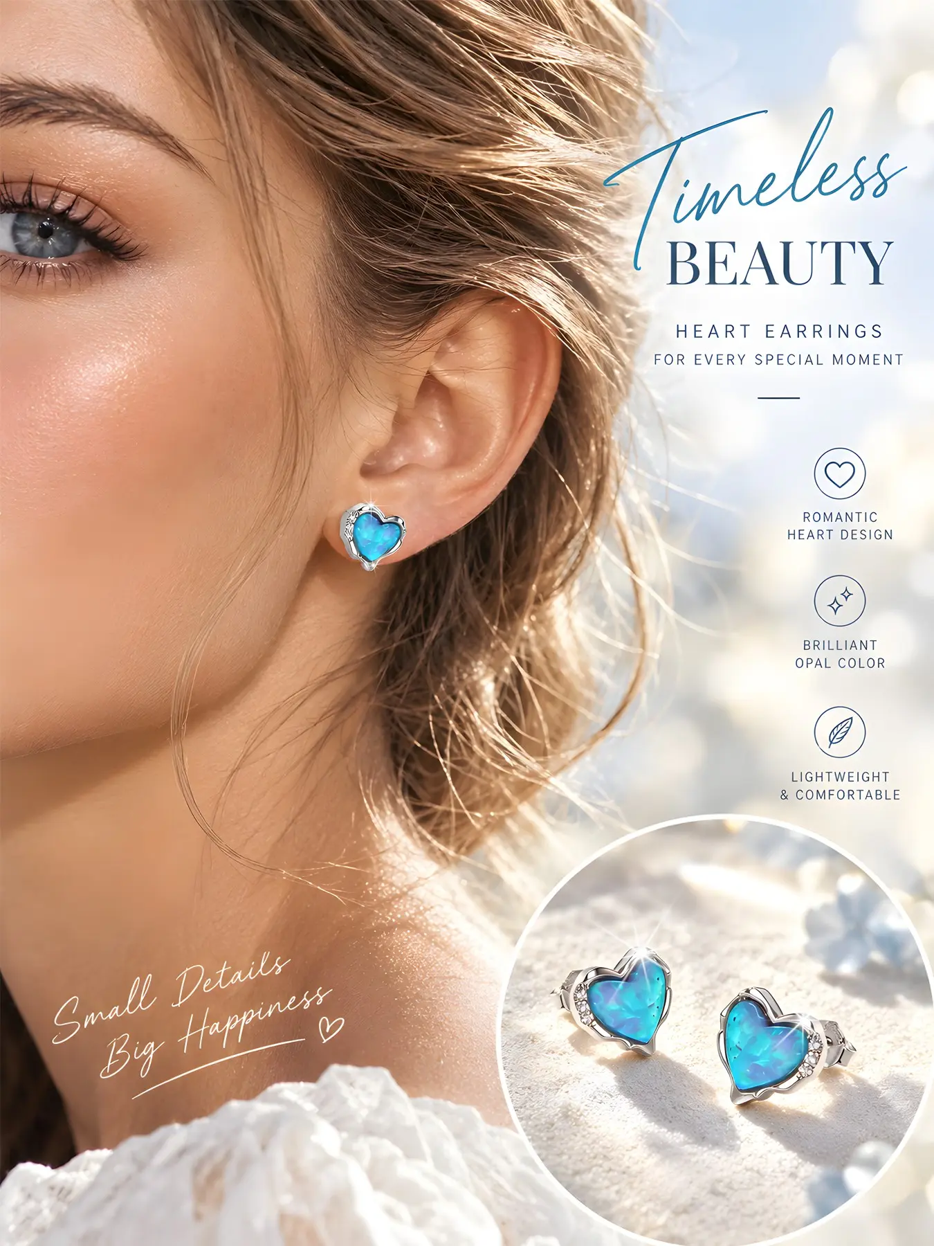 Women's Elegant Heart Opal Brilliant Stud Earrings, Earrings Studs, Sparkling Ear Jewelry, Hypoallergenic Nickel-Free, Casual Fashion Jewelry, Cute Jewelry, Perfect Gift for Friends and Valentine's Day
