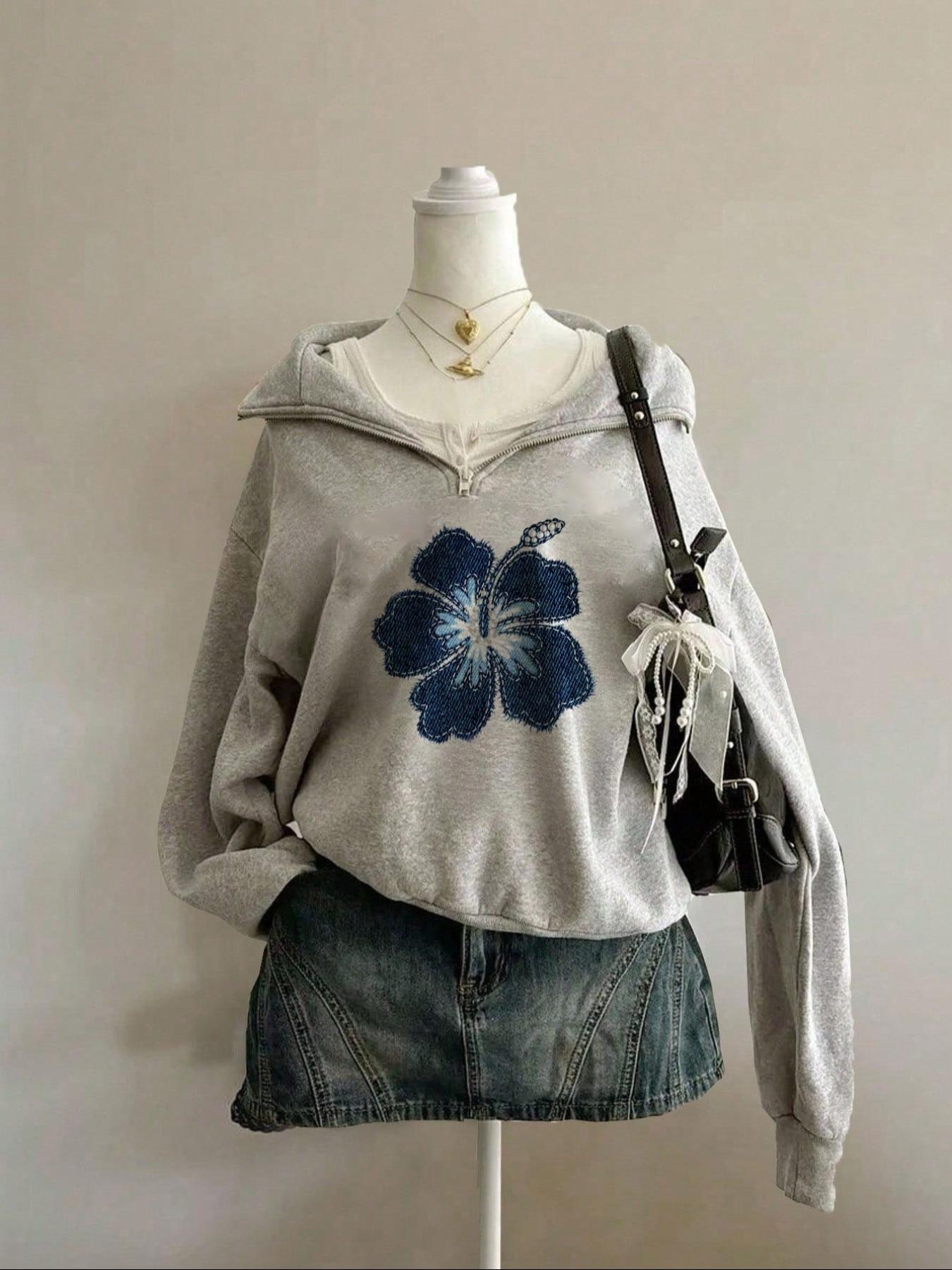 American Retro Floral Print Half-Zip Sweatshirt Hoodie, Short Waist Design, Casual Loose-Fitting, Fall & Winter Fashion, Sweet Cool Girl Vibe Style