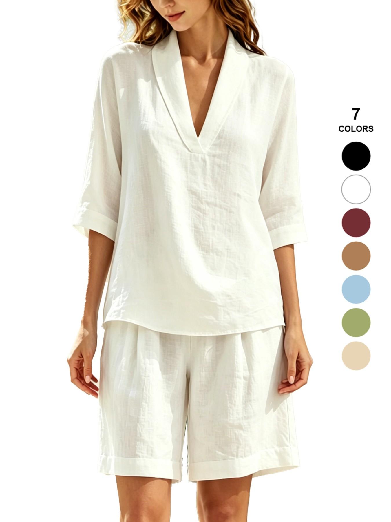 Spring Summer Women's Two-Piece Set, Sexy V-Neck Baggy Short Sleeve T-Shirt Top, Wide Leg Shorts, Beach and Vacation Casual Fashion Loungewear Clothes