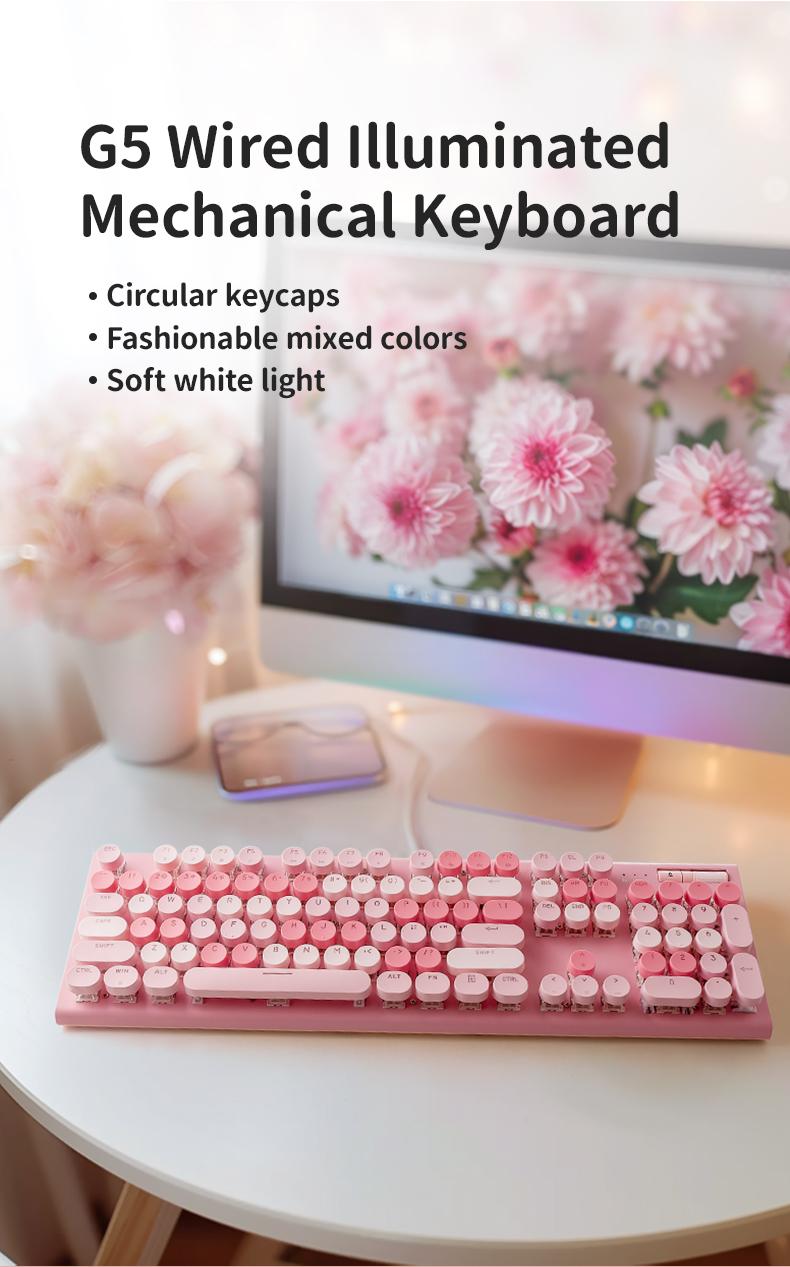 Cute Full Size Wired Keyboard for Girls, White Backlit Typewriter Keyboard with Volume Knob, Light Switch Button and Foldable Stands, Wired Keyboard with Number Pad for Computer PC Laptop