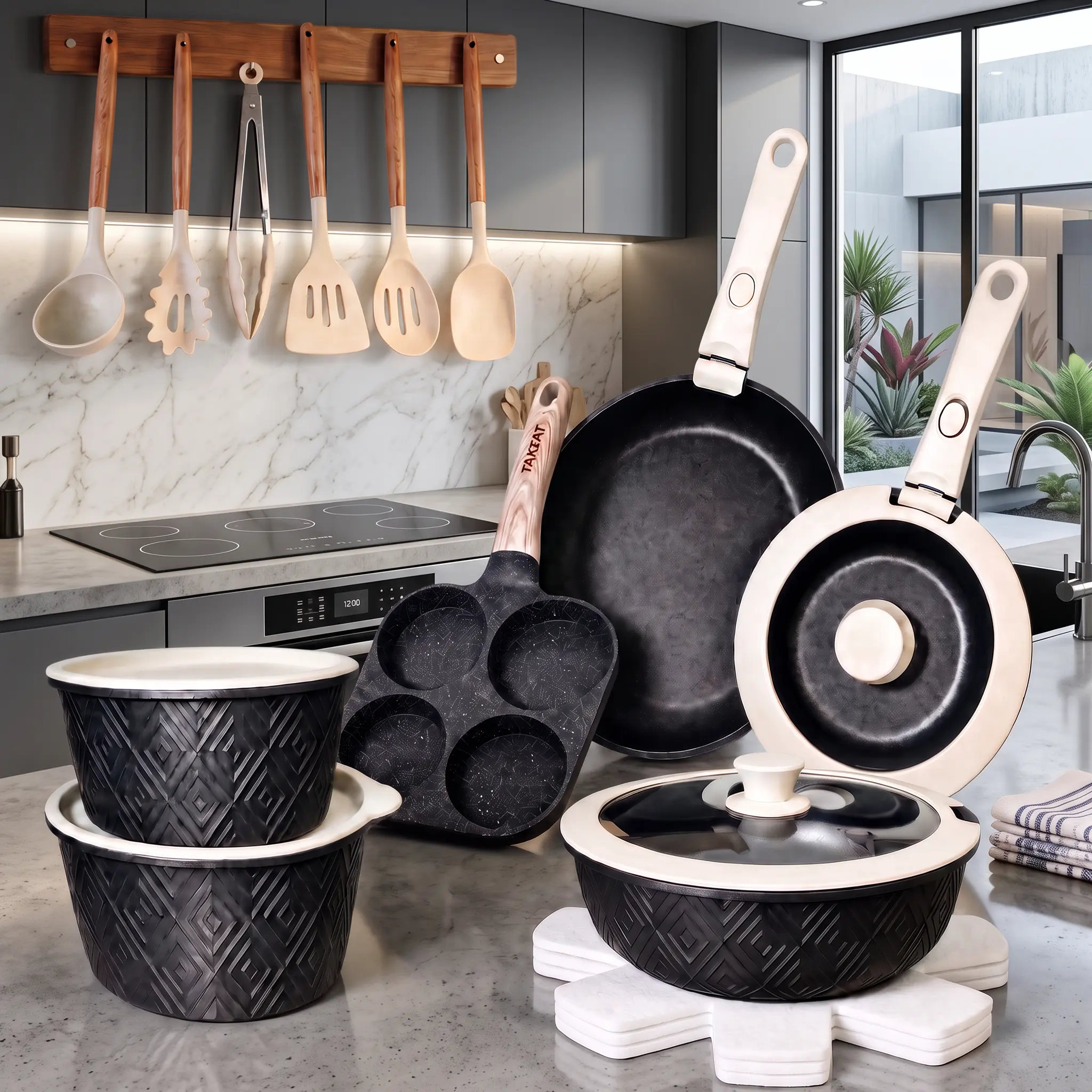 21/19PCS Black & White Panda-Style Nonstick Pots and Pans Set with Detachable Handle, Stackable Space Saving Aluminum Cookware, Oven & Dishwasher Safe for RV & Home Kitchen