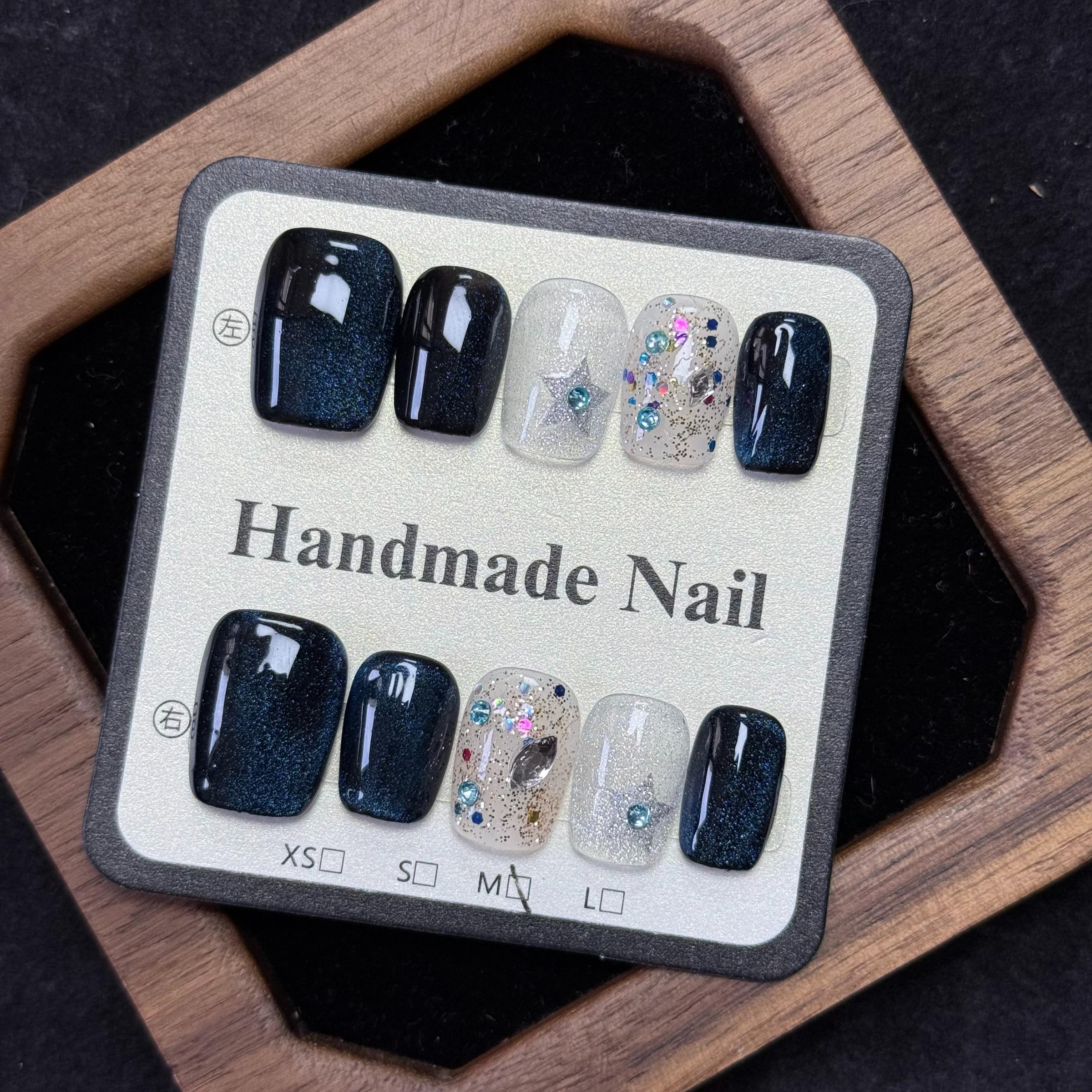 No Cheap Flair! Black Silver Color Block Exquisite Hand-Painted Press On Fake Nails, Reusable, 3D Star Glitter Design, Euro-Style Luxury Nails