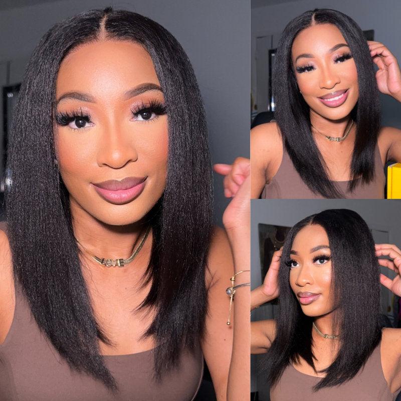 【Upgraded Drawstring】Lynee Monae’s style Sunber Yaki Straight Bob Pre-Cut 7X5 HD Lace Human Hair Wigs with Bye Bye Knots