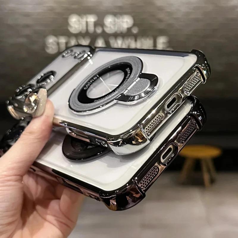 For Magsafe Wireless Charging Case For iPhone 17 Pro Max Air 14 15 Plus 13 12 16 Pro Transparent Plating Ring Holder Phone Cover