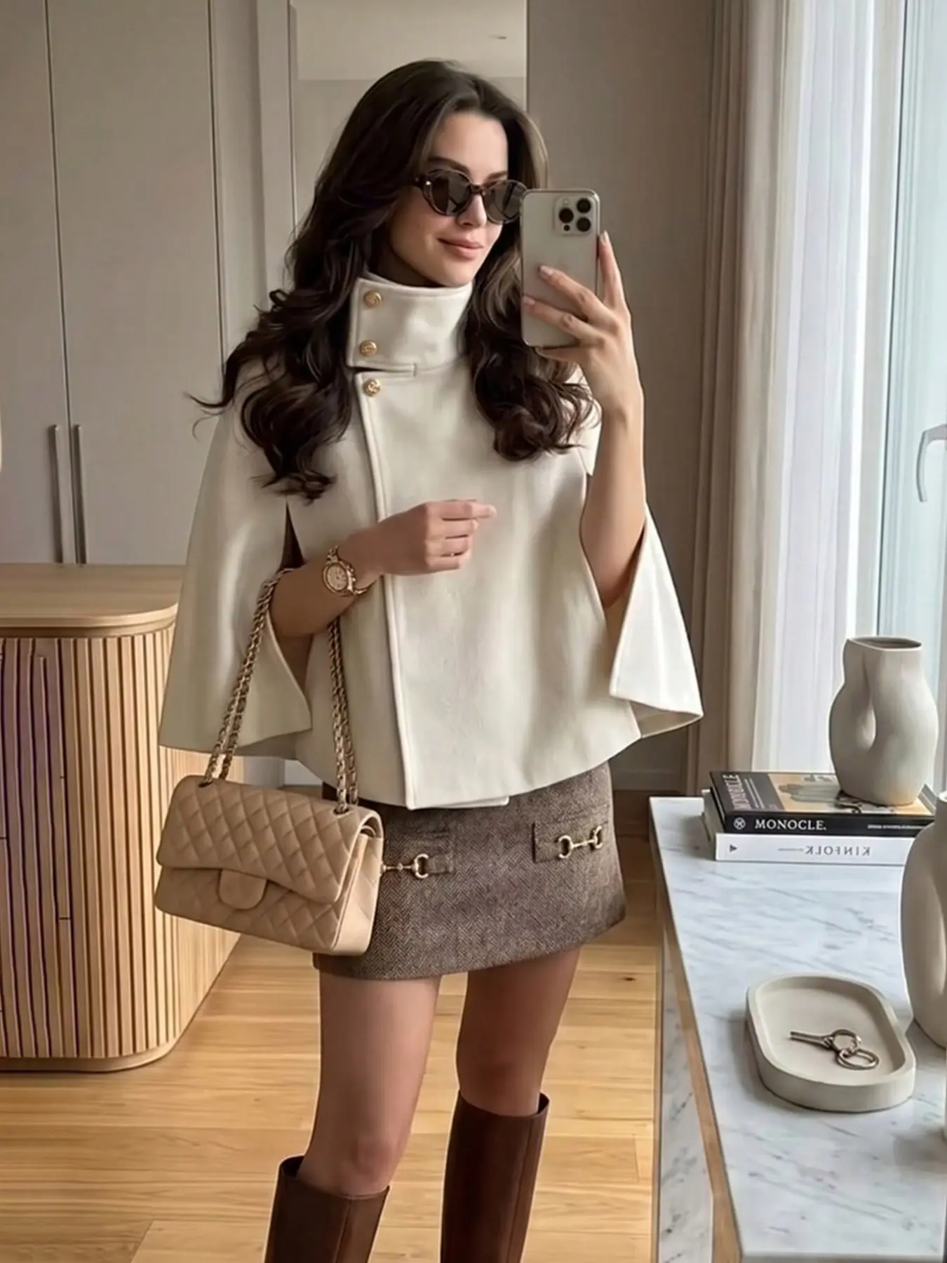 Women's High Neck Button Cape Coat, Elegant Solid Short Cape Jacket Outerwear, Perfect for Daily Casual Wear, Ideal for Autumn