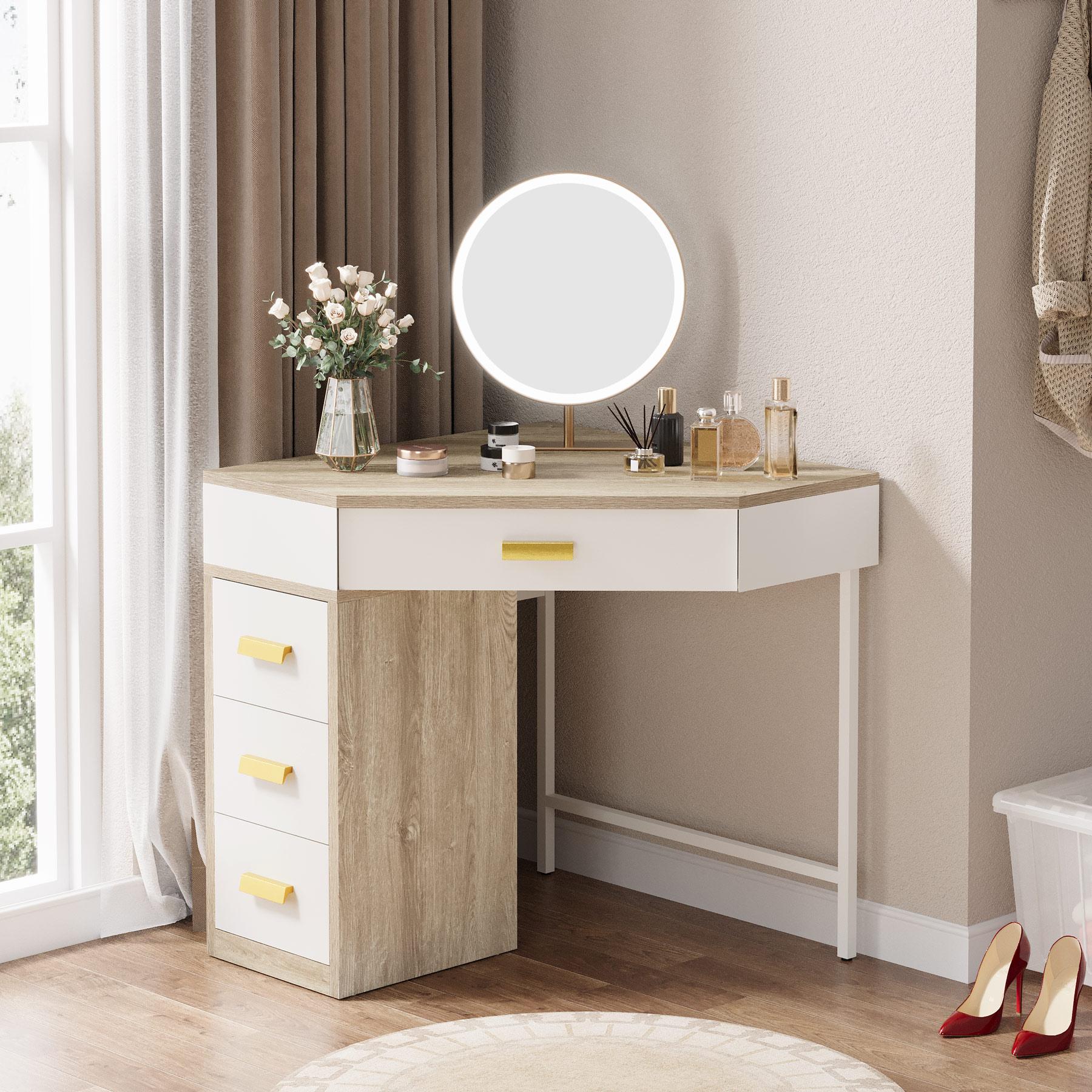 TRIBEWOOD Corner Desk, Triangle Computer Desk with 3 Drawers, 90-Degree Writing Desk PC Table Makeup Vanity Desk with Storage for Home Office, Living Room, Bedroom