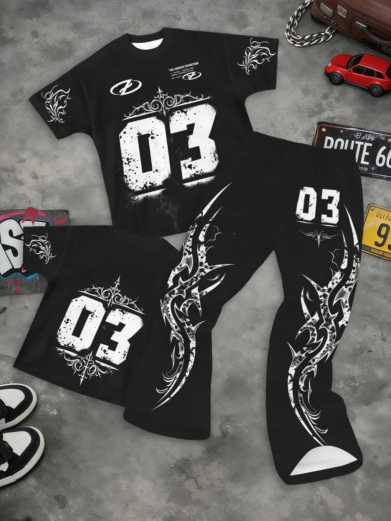 Men Graphic Matching Outfit, Vintage Tribal Number Print Short Sleeve Tee & Elastic Waist Curved Flare Trousers, Soft Airy Material, Cool Trendy Suit For Outdoor Leisure Time