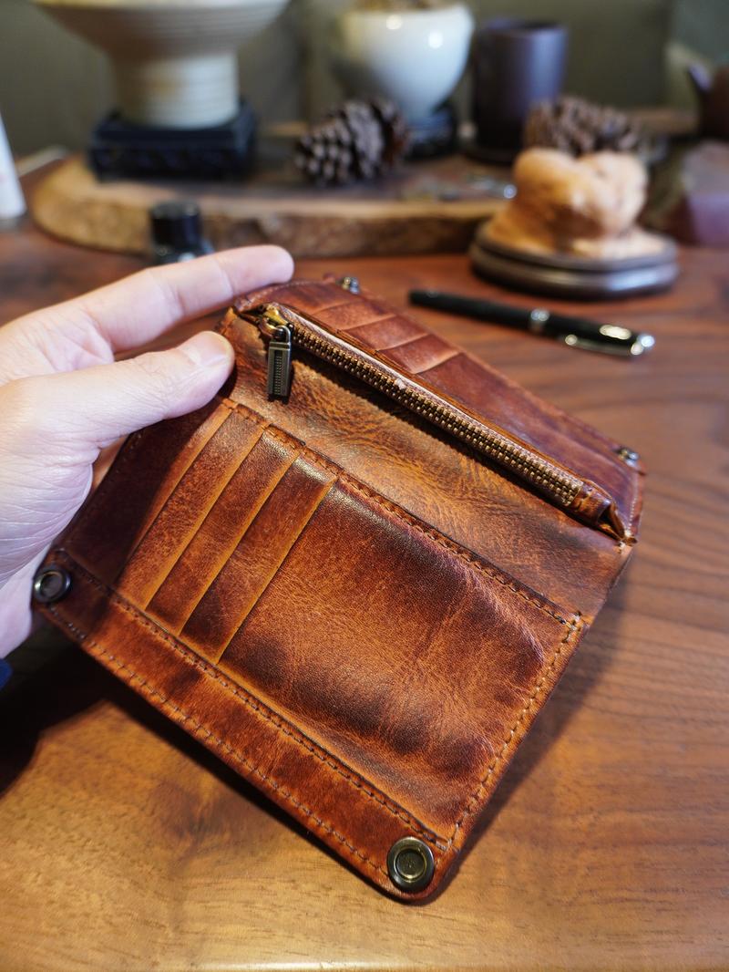 Large Capacity Leather Wallet - Handmade Vegetable Tanned | Metal Zipper, Multi Card Slots for Cash/Cards/Change