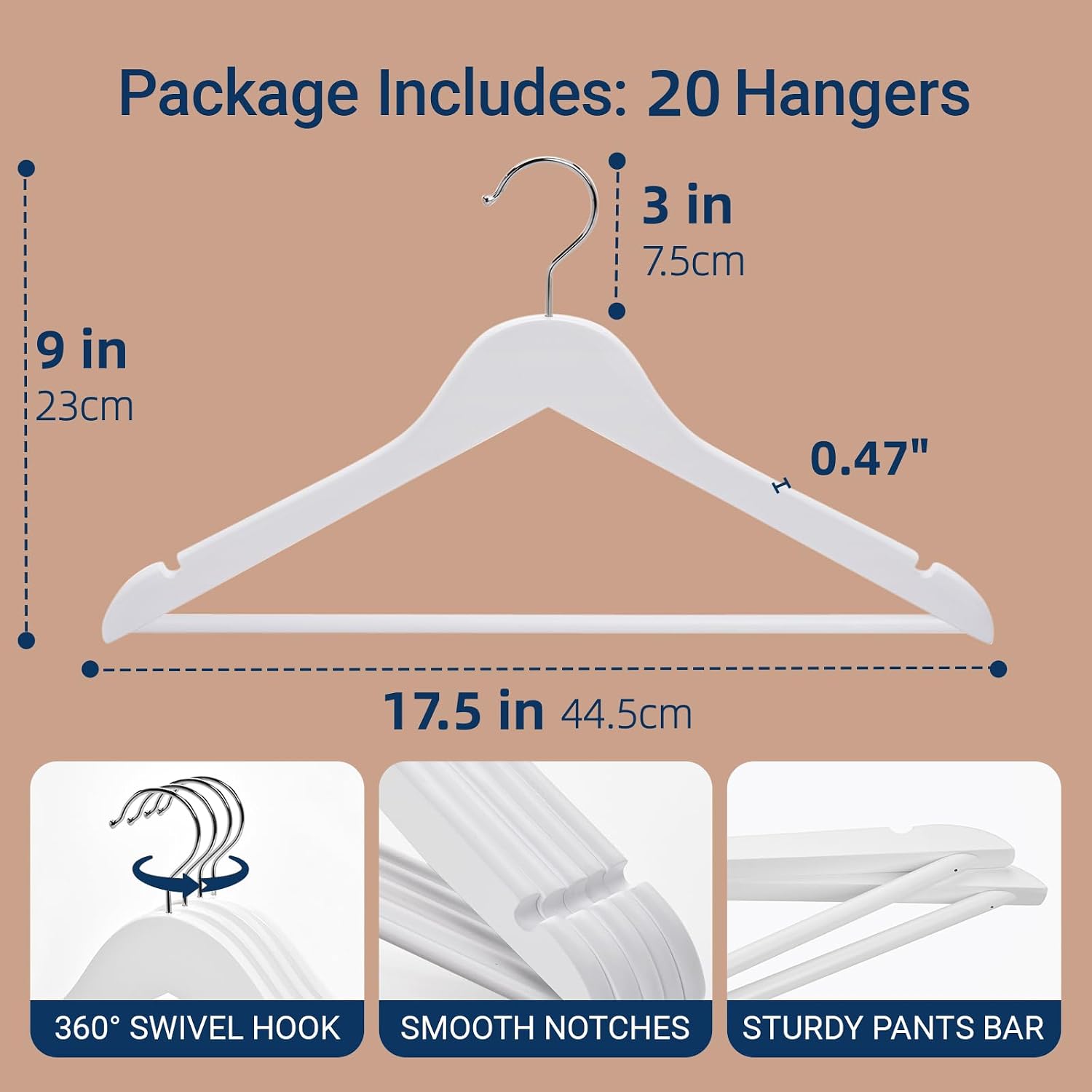 20 Pack White Wooden Coat Hangers, White  Suit Hangers with Non-Slip Pant Bar, Clothes Hangers for Closet Organization, Shirts, Jackets, Dresses, and Pants (White, 20)