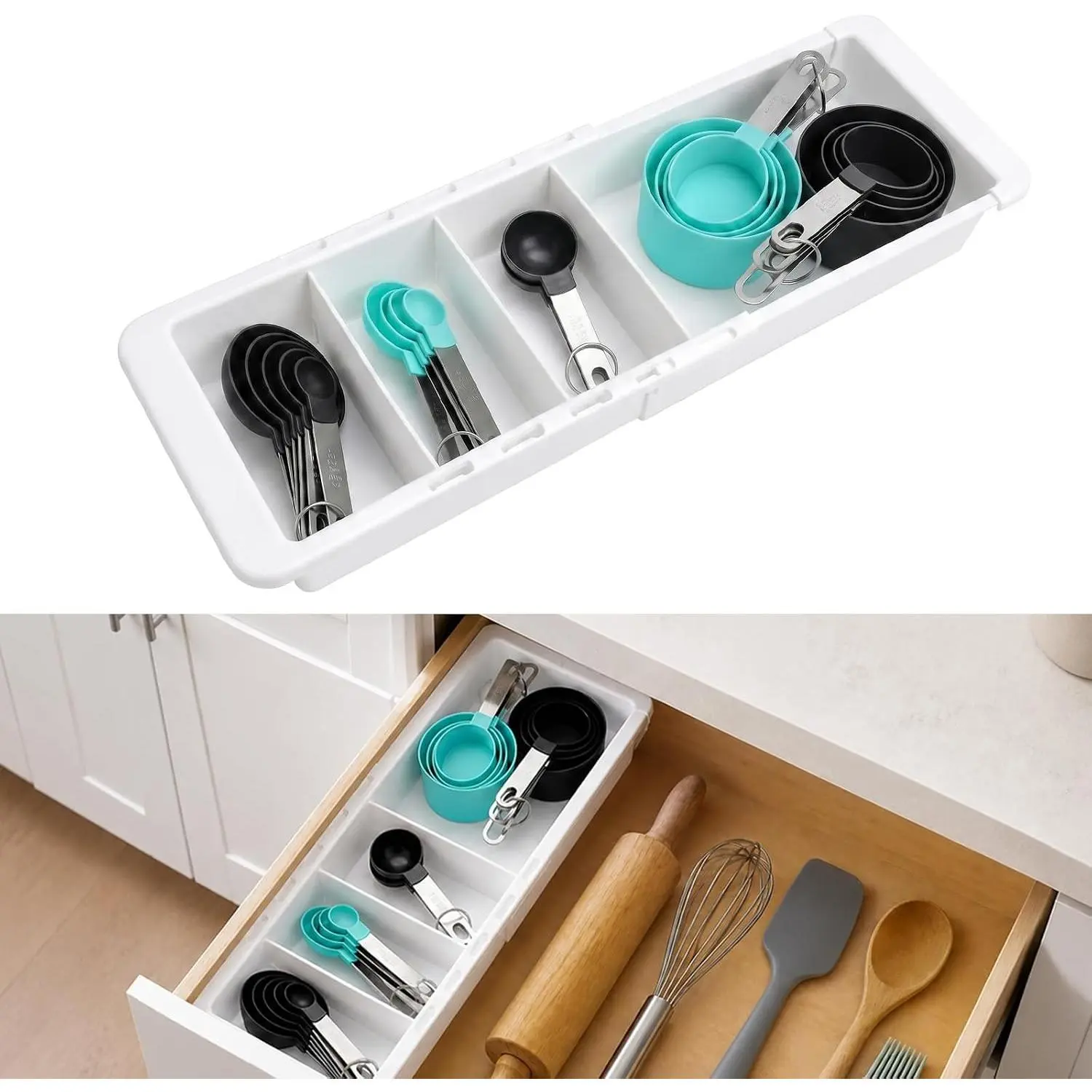 Expandable Measuring Cup Organizer & Measuring Spoon Organizer for Deep Drawers, 11.4''–18.1'' Adjustable Kitchen Drawer Organizer with 3 Dividers, Space-Saving Flatware Bin for Home & Kitchen