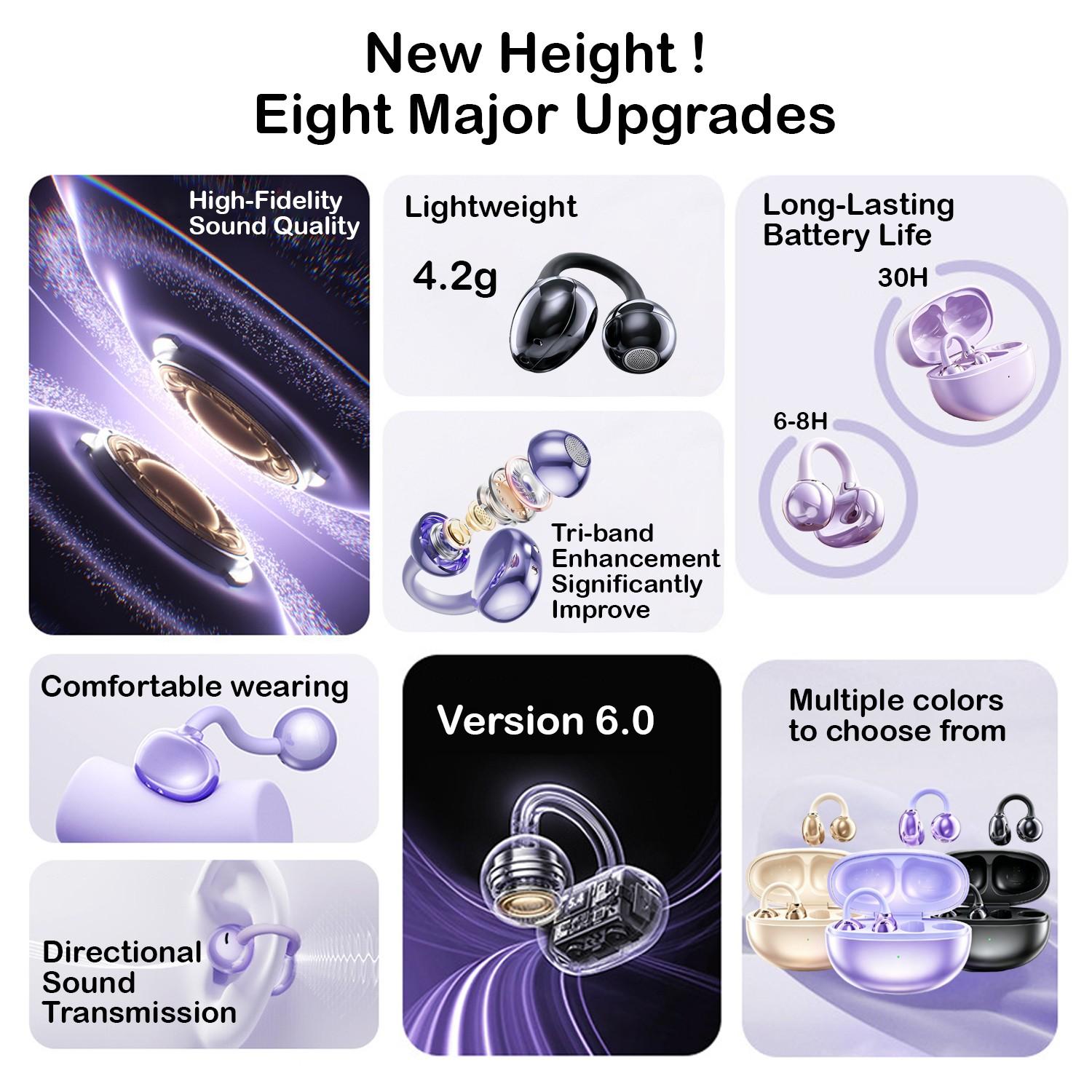 Open-Ear Wireless 6.0 Earphones for iPhone & Android, Bluetooth-compatible Ear Clip Headphones, Headset, Directional Sound, Pain-Free Fit, Multi Color Options