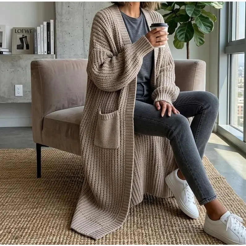 Women's Oversized Open‑Front Chunky Knit Duster Cardigan, Batwing Long Sleeves With Deep Side Pockets, Maxi Length Loose Warm Layered Outerwear for Fall Winter Daily Street Style