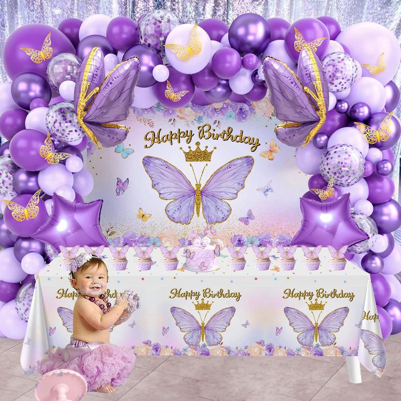 Purple Butterfly Birthday Decorations Pink Balloon Arch Kit Foil Butterfly Balloon,95pc Happy Butterfly Birthday for Girl Baby Shower Party Decor FathersDayGift