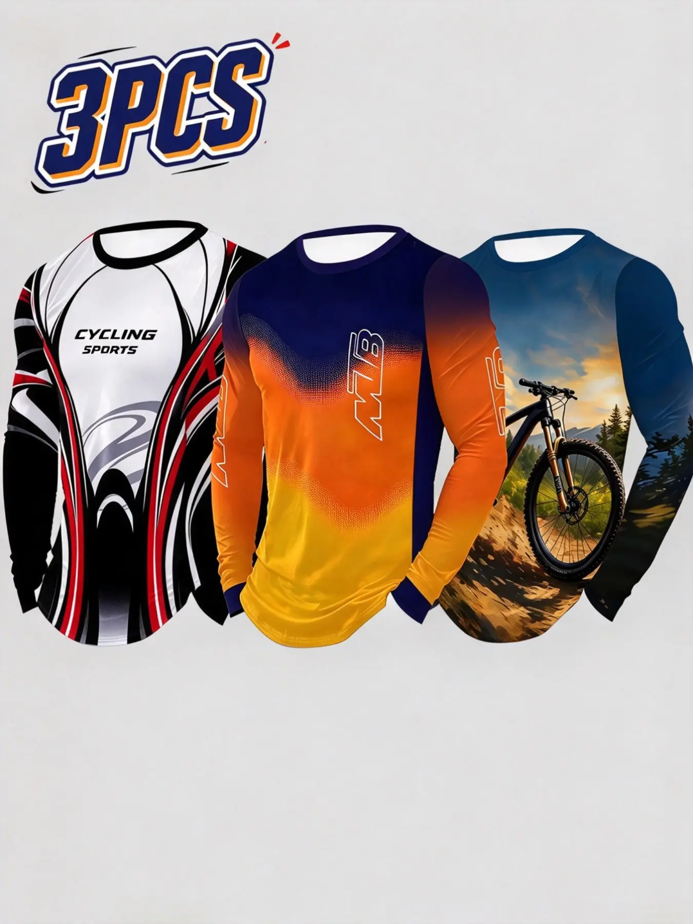 3-Pack Men's Cycling Long Sleeve Shirts, MTB Letter Print, Mountain Bike Round Neck Sports T-Shirts, Outdoor Riding, Quick-Dry Breathable