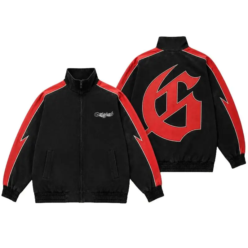 GOD SPEED Unisex Oversized Varsity Jacket - Menswear Lightweight Casual Coats with Embroidered Graphic Logo, Y2K Racing Contrast Panels, Aesthetics Zip-Up, Tops for Women Vintage Streetwear Techwear Outerwear
