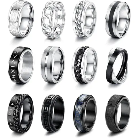CASSIECA Stainless Steel Anxiety Spinner Statement Multi Ring Set, Fidget Spinning Chain Design, Black Fashion Jewelry, Stress Relief Accessories, Ideal Valentine's Day Gift Sohochic