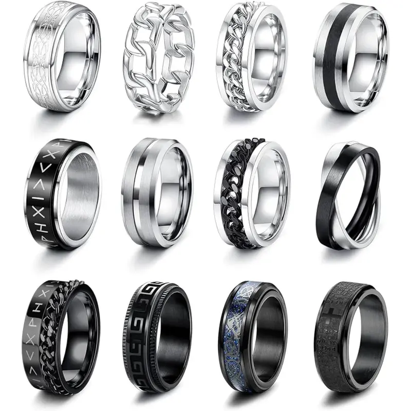 CASSIECA Stainless Steel Anxiety Spinner Statement Multi Ring Set, Fidget Spinning Chain Design, Black Fashion Jewelry, Stress Relief Accessories, Ideal Valentine's Day Gift Sohochic