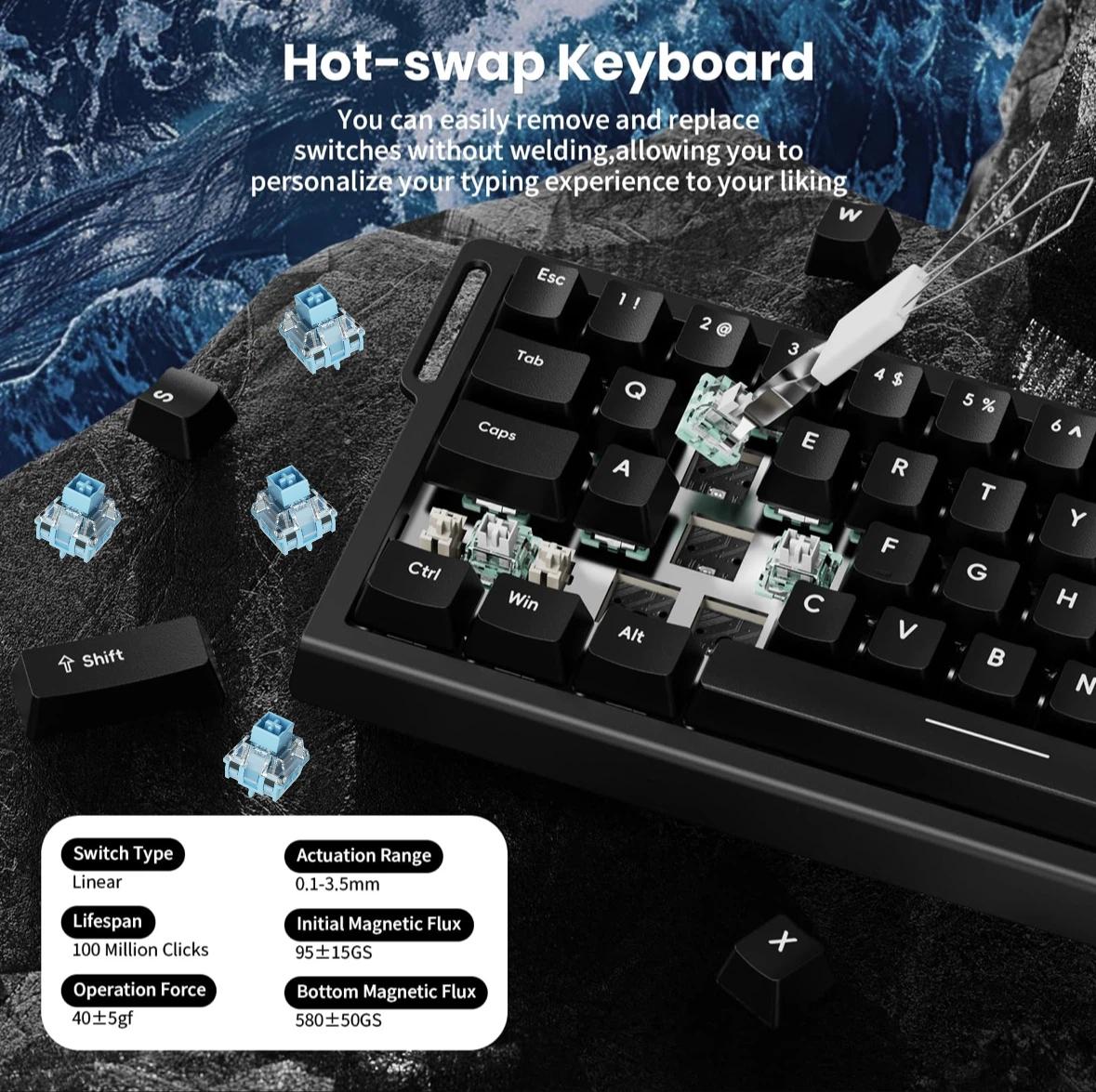 T68pro Magnetic Keyswitch Keyboard, 60% Compact Design, Quick Trigger 0.01mm, 8k Return Ratio, 128k Rate, RGB Backlit, Wired Gaming Customizable