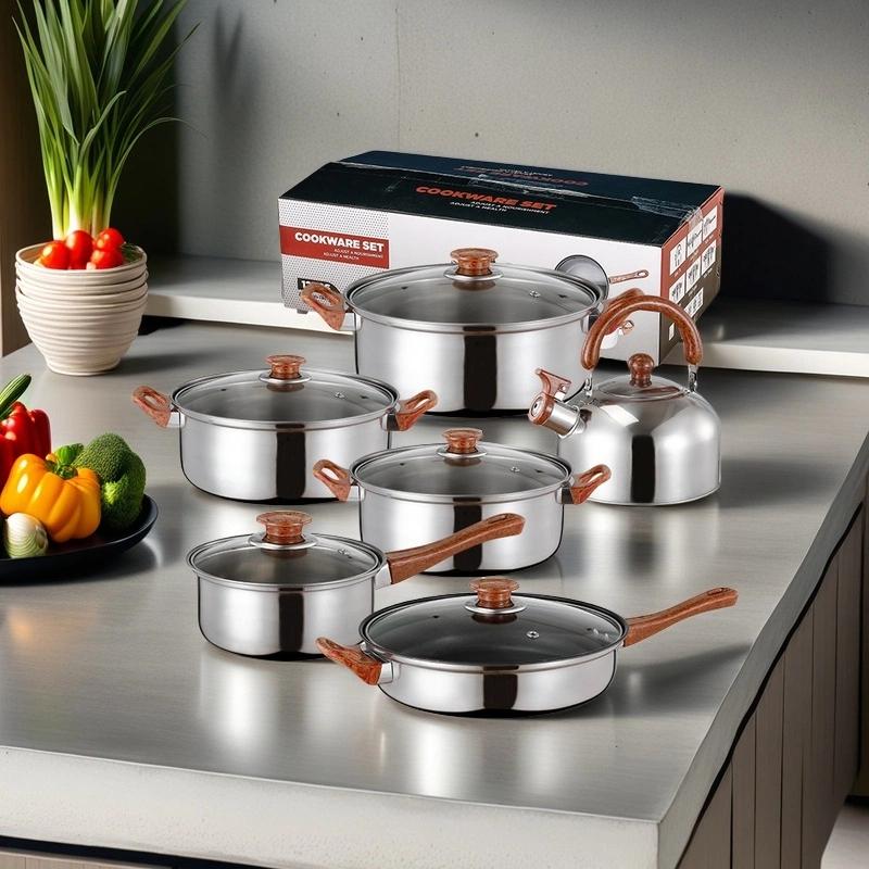 6pc Stainless Steel Multi-Function Cookware Set, Durable Easy Clean Non-Stick Pot, Soup Pot, Milk Pot, Fry Pan, Water Kettle Suitable for restaurant and home kitchens