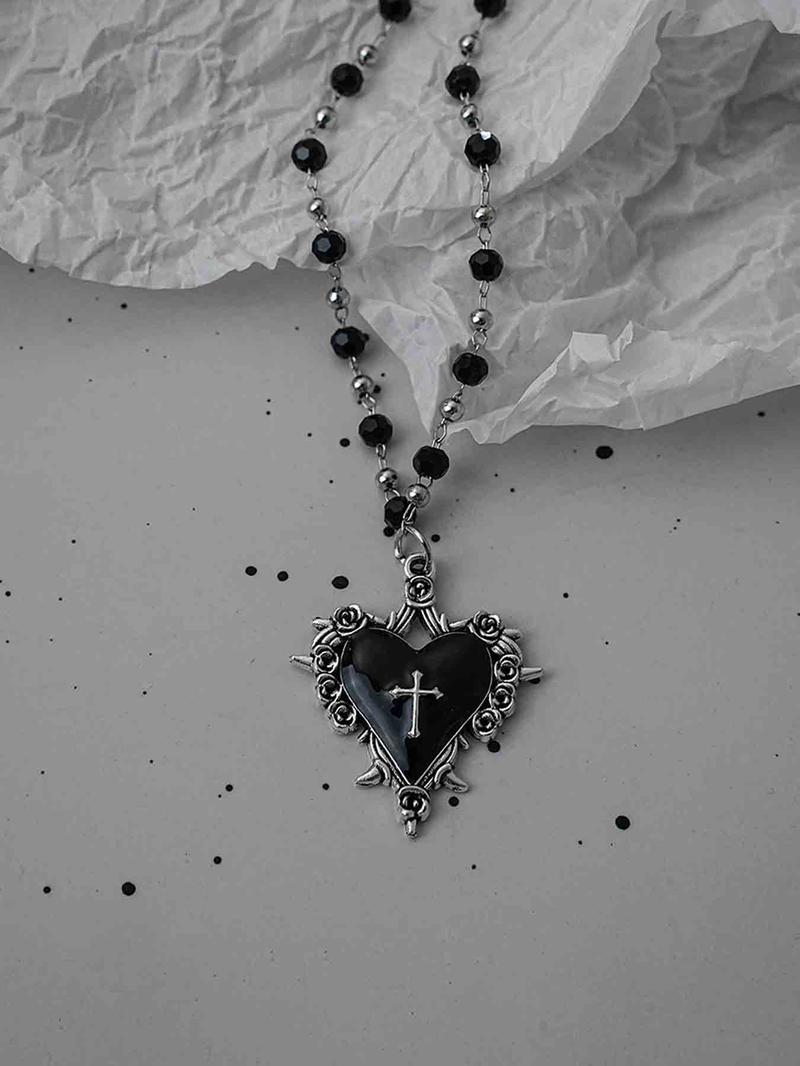 Gothic Bat Cross Heart Oil Pendant Necklace Set, Vintage Punk Unisex Beaded Chain, Party Personalized Jewelry Kit, Cross Necklaces