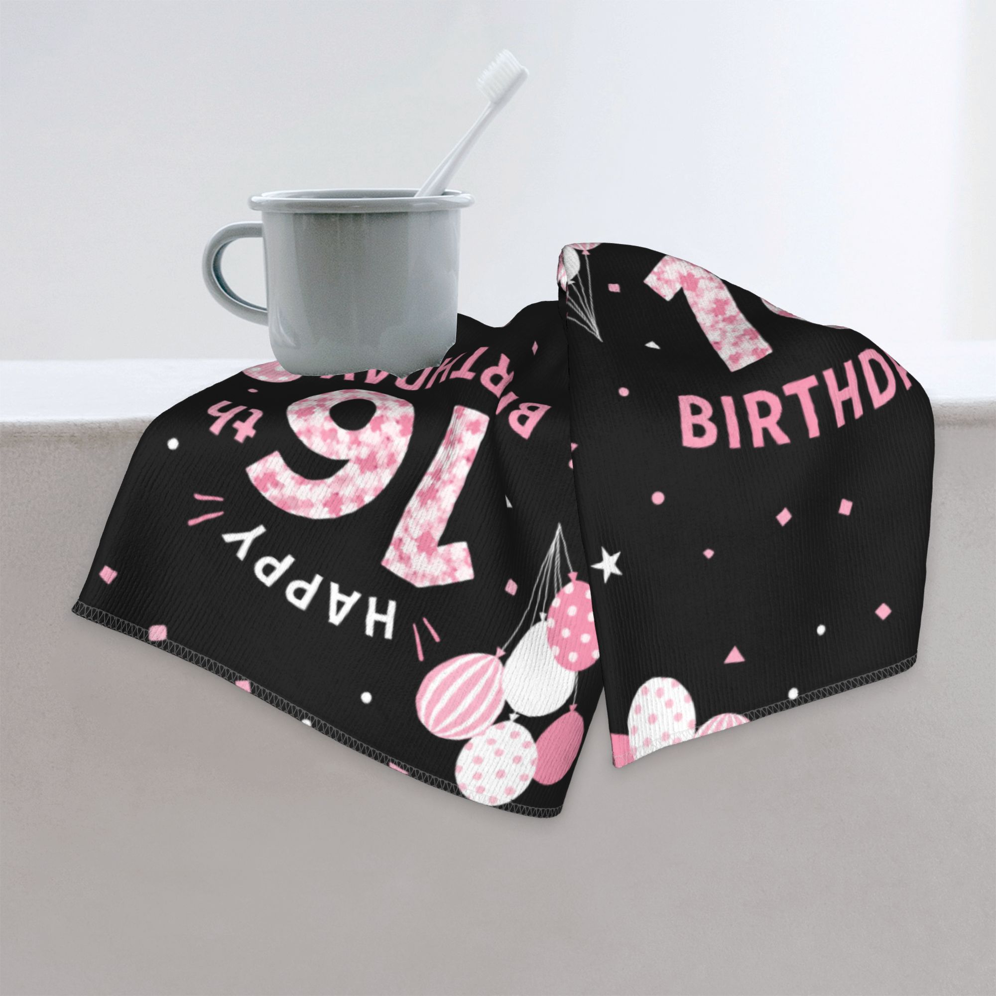 16th Birthday Personal Microfiber Poly Face Towel - Pink Balloons Stars Print, Soft Absorbent, 35x75cm Skin-Friendly Non-Fading Home Bathroom Towel, Multi-Purpose Fluffy Girls' Gift for Sweet 16 Party Decoration