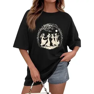 Women's Boho Witch Crew Neck Long/Half Sleeve T-Shirt - Moon and Stars Dancing Witches Pattern, Autumn Winter Womenswear Top, Stylish Gift For Her