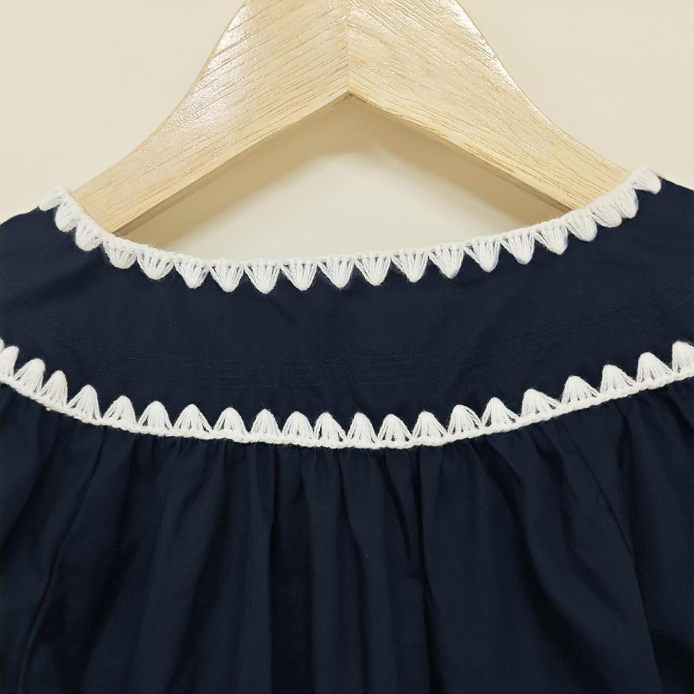 SageVell 100% Cotton Navy Blue Embroidered Blouse with Round Collar & Ruffled Sleeve Tops, Womenswear Casual Style Shirt Fabric Medium Shortsleeve Fitted Crewneck SpringStatements