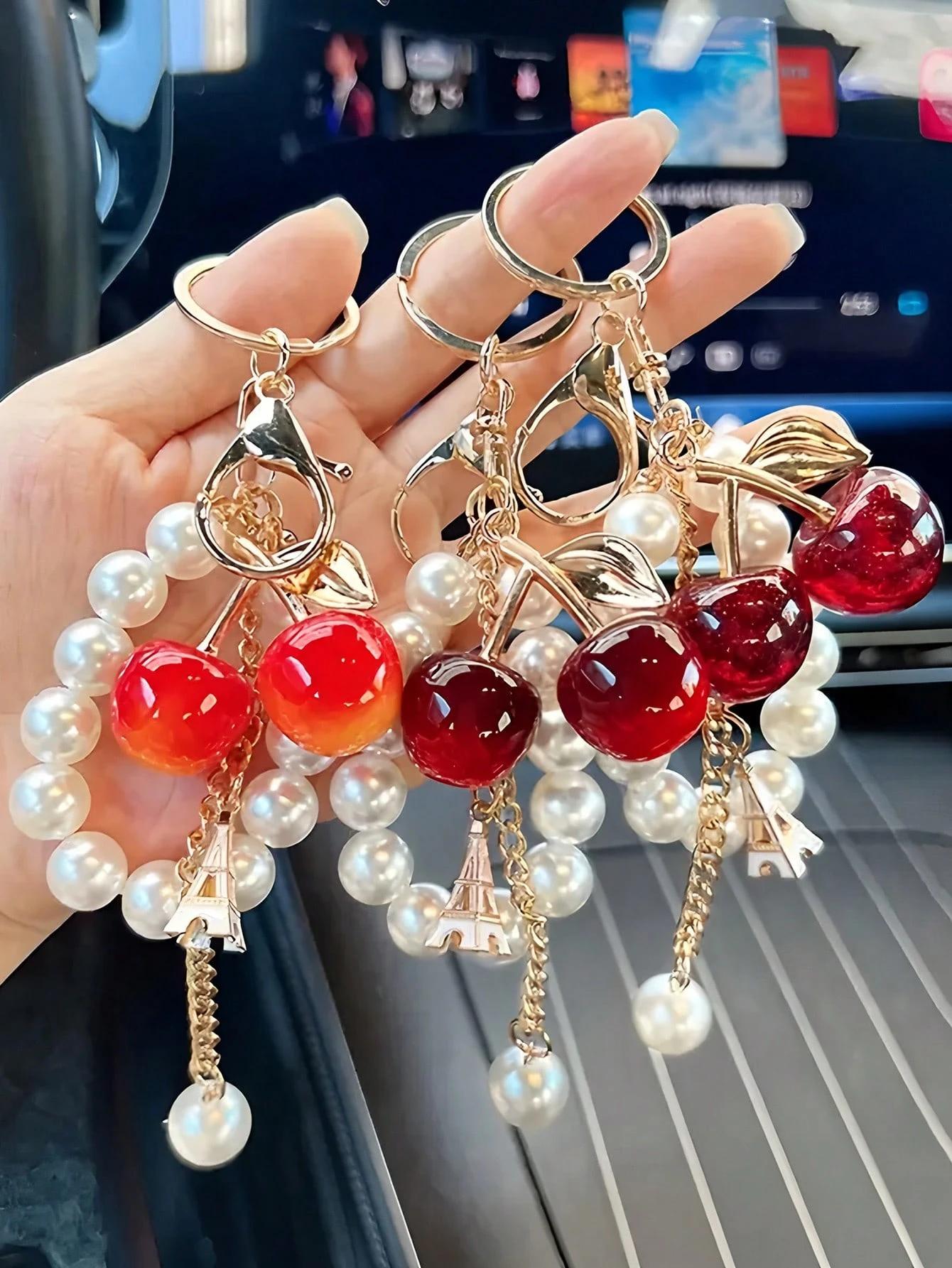 Beaded Y2K Double Cherry Keychain Charm for Women, Cute Glitter Strap ...