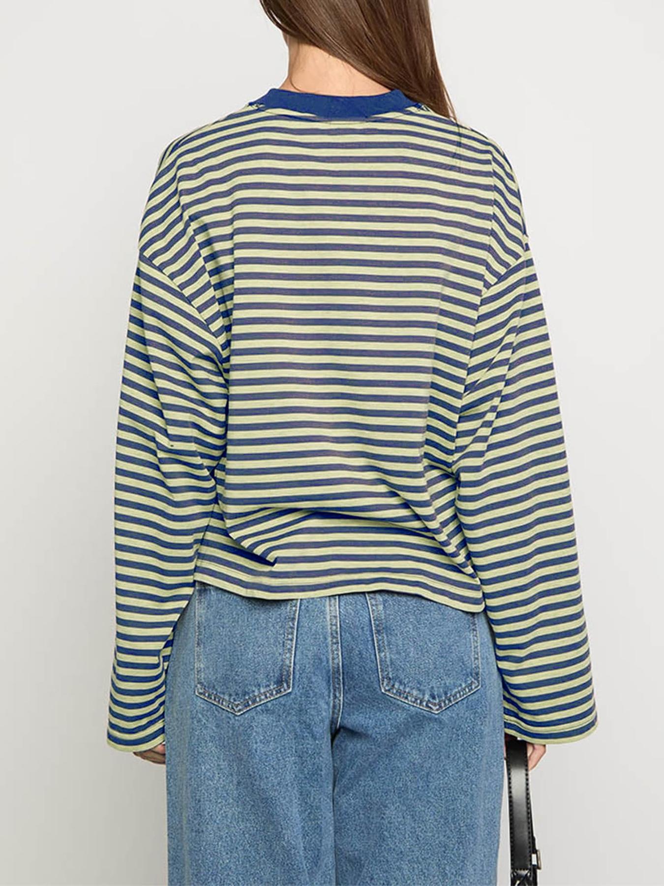 Women's Minimalist Striped Casual Long Sleeve Sweatshirt Top, Loose-Fit Kint Fabric Knit, All Seasons Wear, Moderate Thickness