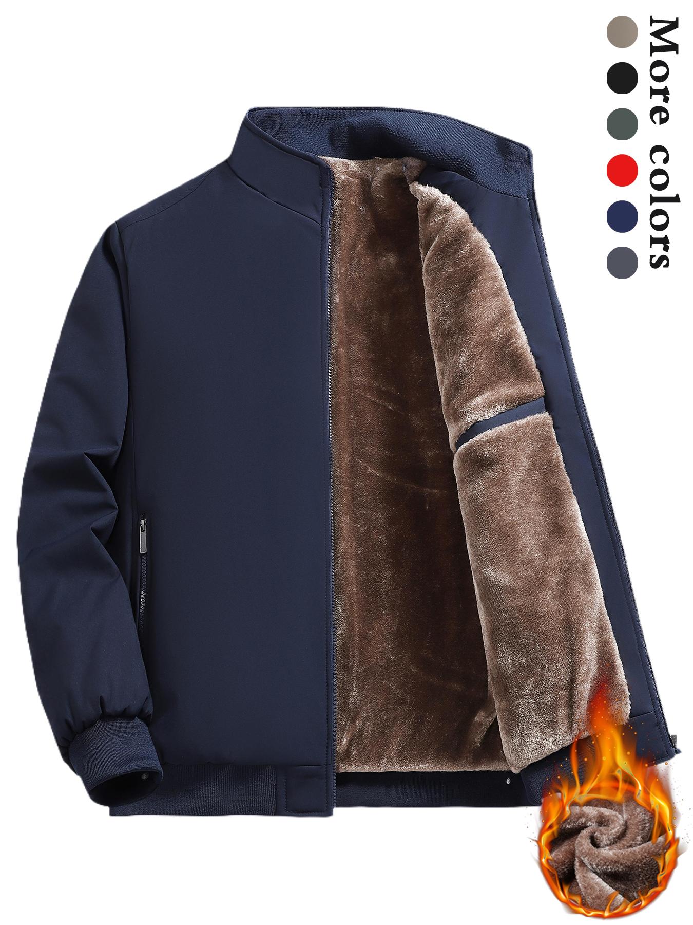 Men's Solid Color Plain Zip Up Thermal Lined Jacket Coats, Regular Fit Fitted Casual Long Sleeve Short Outerwear for Fall & Winter, Men's Clothes for Daily Wear