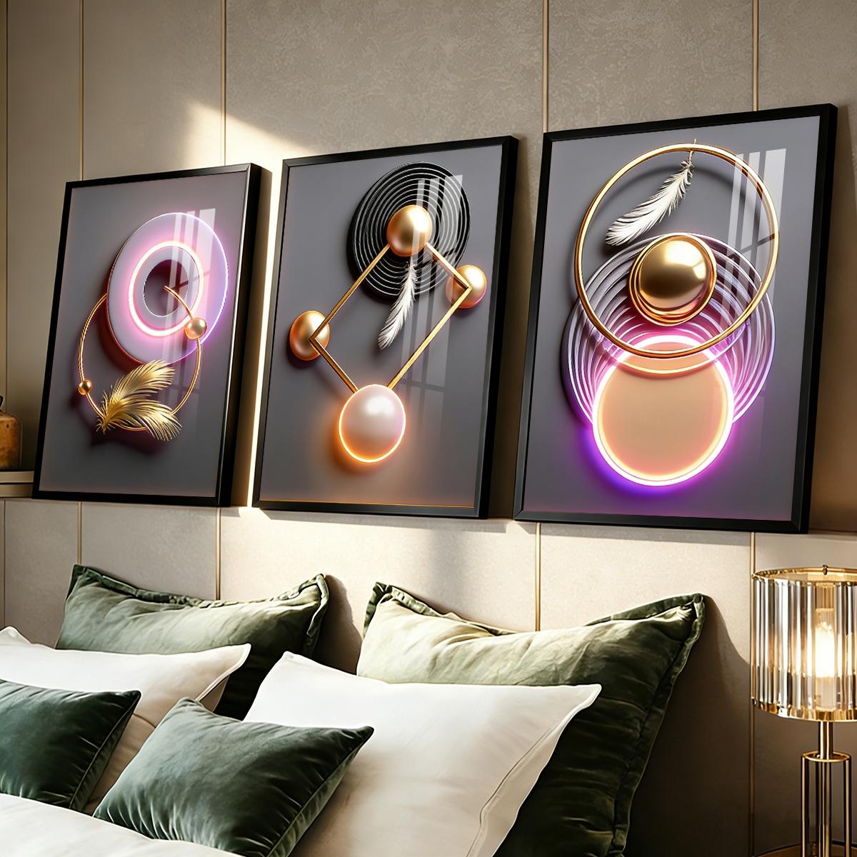 3 Counts Aluminum Alloy Framed Painting, Modern Geometric Feather Art Pictures, Home Decoration For Living Room, Bedroom, Office, Restaurant, Hallway Wall Decor, Odorless Print Artwork, Luxury Perfect Gift For Friends And Family