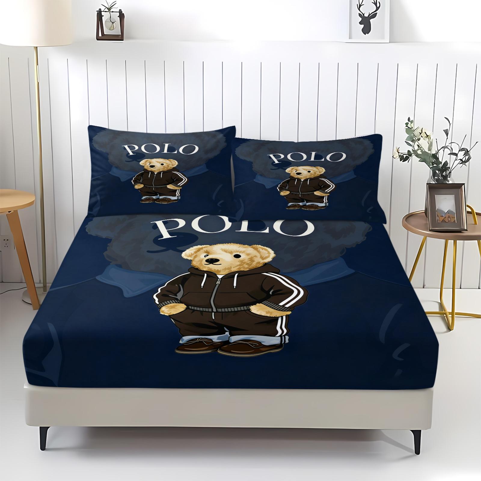 Teddy Bear Pattern Bed Sheet, Comfortable Printed Pattern, Includes 1 Bed Sheet and 2 Pillowcases, Comfortable Bedding, Non slip Dust Cover Suitable for Bedroom and Guest Room, Suitable as a Gift for Children or Adults