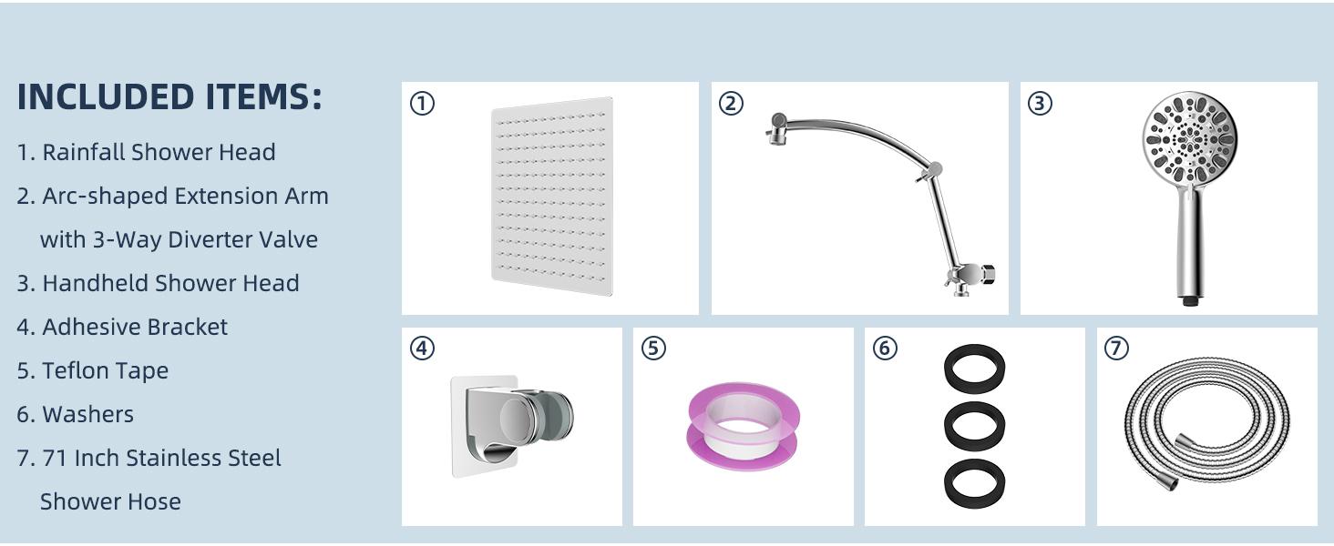 Hibbent All Metal Shower Head,10'' High Pressure Rain Shower Head/Handheld Showerhead Combo with 16'' Adjustable Arc-shaped Shower Extension Arm, 7-Spray, 71'' Hose Adhesive Showerhead Holder, Chrome