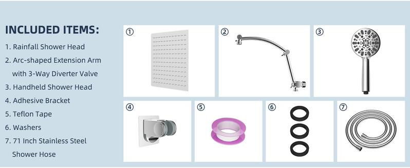 Hibbent All Metal Shower Head,10'' High Pressure Rain Shower Head/Handheld Showerhead Combo with 16'' Adjustable Arc-shaped Shower Extension Arm, 7-Spray, 71'' Hose Adhesive Showerhead Holder, Chrome