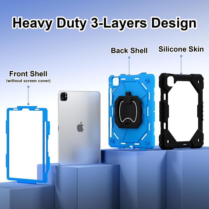 Military-Grade Shockproof Case for iPad (A16) 11th 2025 11" , Compatible with iPad Pro M5 2025 13-inch/ iPad Air / iPad Mini - Rotating Stand with Screen Protector, Pencil Holder & Shoulder Strap - Heavy Duty Drop-Proof Cover - Black+Blue Tablet Casing