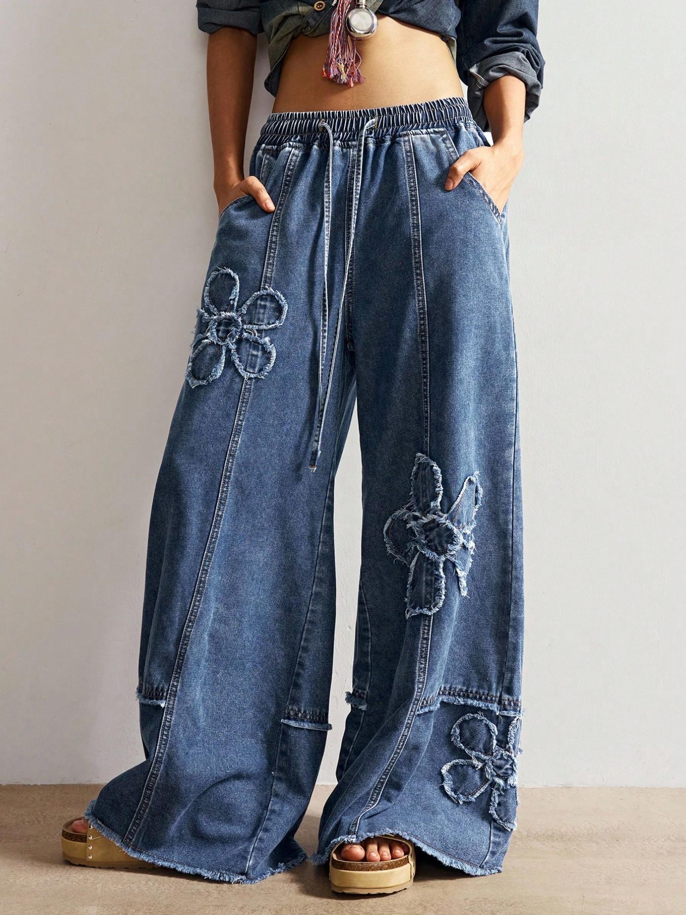 Boho Style Women's Casual Solid Wide Leg Jeans, Loose Fit Denim Jeans with Embroidery Pattern, Comfortable and Stylish Everyday Wear