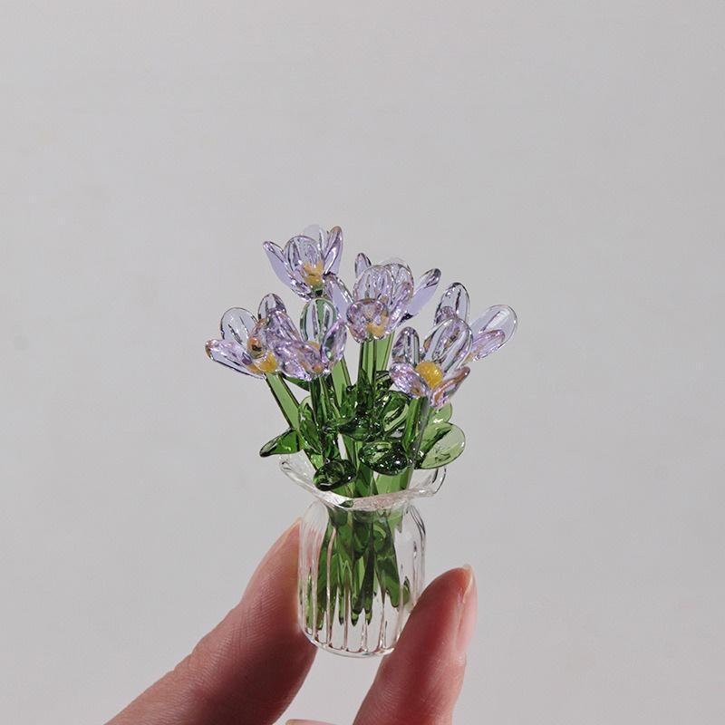1 set (7 flowers+1 vase) glass simulation flower decoration ornaments, handcrafted mini glass flowers, DIY flower arrangement bouquets, faux flowers, Artificial mixed flower, Decorative Flowers Bouquet, suitable for gifting, event decorations